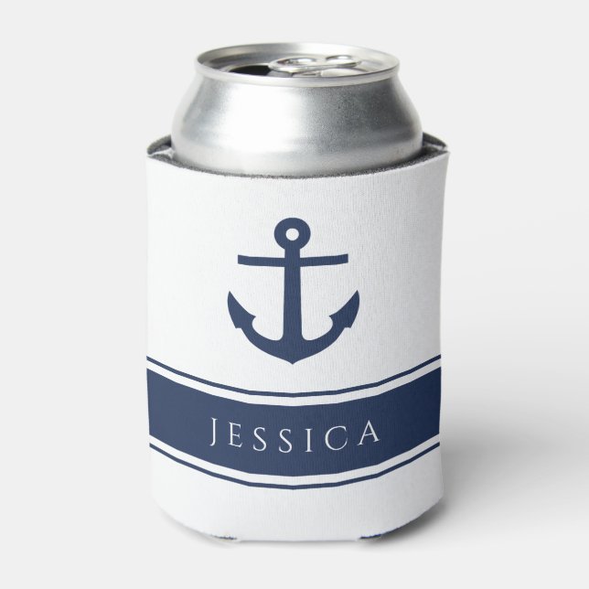 Navy Blue Modern Nautical Anchor Individuelle Name Dosenkühler (Kanne Vorderseite)