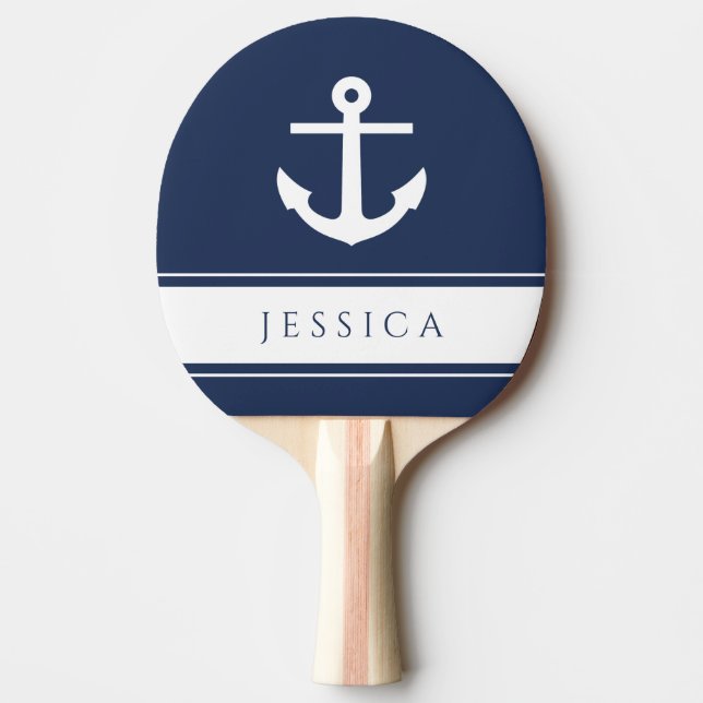 Navy Blue Modern Nautical Anchor Individuelle Name Tischtennis Schläger (Vorderseite)