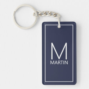 Navy Blue Modern Personalisiert Monogram und Name Schlüsselanhänger