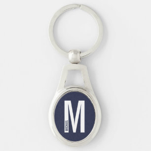 Navy Blue Modern Personalisiert Monogram und Name Schlüsselanhänger
