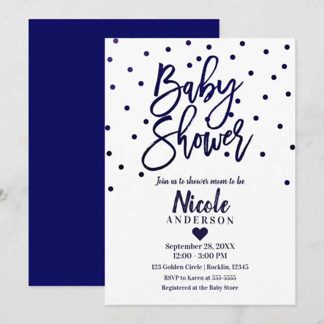 Navy Blue Modern Script Baby Dusche Confetti Einladung (Vorne/Hinten)