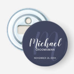 Navy Blue Modern Script Personalisierte Trauzeuge Flaschenöffner<br><div class="desc">Fügen Sie Ihrer Hochzeit eine persönliche Touch mit einem personalisierten Trauzeugen Flaschenöffner hinzu. Dieser Flaschenöffner zeigt den Namen der personalisierten Trauzeugen im modernen, weißen Script Schriftart Stil und Monogramm in hellblau modernen Drehbuch-Schriftart Stil als Hintergrund mit Titel und Hochzeitdatum in weiß, modernen Sans Serif Schriftart Stil auf marineblau Hintergrund. Auch...</div>
