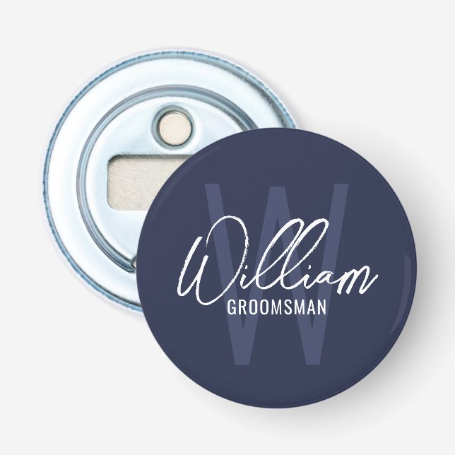 Navy Blue Modern Script Personalisierte Trauzeuge Flaschenöffner (Vorderseite)