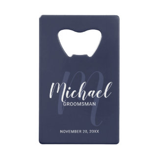 Navy Blue Modern Script Personalisierte Trauzeuge Geldbeutel Flaschenöffner