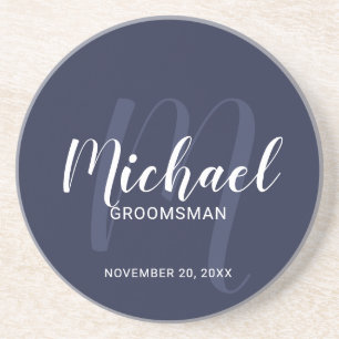 Navy Blue Modern Script Personalisierte Trauzeuge Getränkeuntersetzer