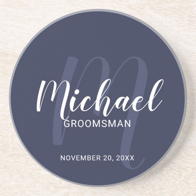 Navy Blue Modern Script Personalisierte Trauzeuge Getränkeuntersetzer (Vorne)