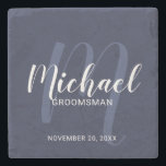 Navy Blue Modern Script Personalisierte Trauzeuge Steinuntersetzer<br><div class="desc">Fügen Sie Ihrer Hochzeit eine persönliche Touch mit personalisierten Trauzeuge Stein Untersetzer. Dieser Untersetzer zeichnet sich durch den Namen personalisierter Trauzeuge im modernen, weißen Skript-Schriftart-Stil und Monogramm in hellblau modernen Drehbuch-Schriftart-Stil als Hintergrund mit Titel und Hochzeitdatum in weißen modernen Sans Serif Schriftart Stil auf marineblau Hintergrund. Auch perfekt für Trauzeuge,...</div>