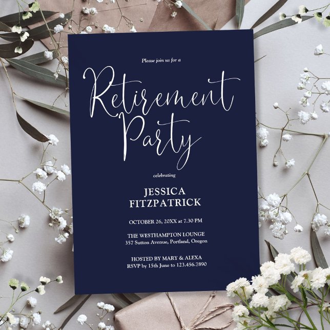 Navy Blue Modern Script Retirement Party Einladung (Navy Blue Modern Script Retirement Party Invitation)