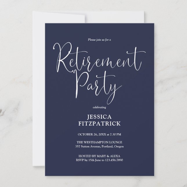 Navy Blue Modern Script Retirement Party Einladung (Vorderseite)