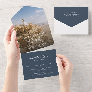 Navy Blue Modern Simple Romantic Foto Wedding All In One Einladung