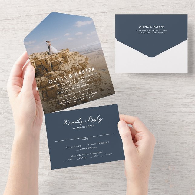 Navy Blue Modern Simple Romantic Foto Wedding All In One Einladung (Von Creator hochgeladen)