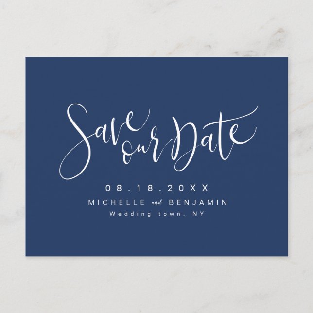 Navy Blue Modern Simple Script Save the Date Ankündigungspostkarte (Vorderseite)