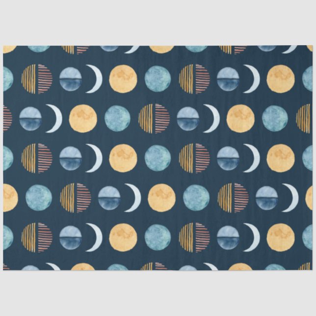 Navy Blue Modern Sun n Moon Abstrakt Decoupage Seidenpapier (Vorderseite)