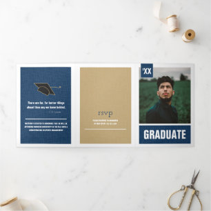 Navy Blue Modern Textured Foto Abschluss Dreifach Gefaltete Einladung