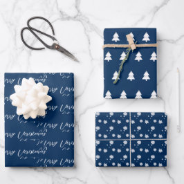 Navy Blue & Modern White Christmas Tree Geschenkpapier Set