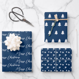 Navy Blue & Modern White Christmas Tree Geschenkpapier Set