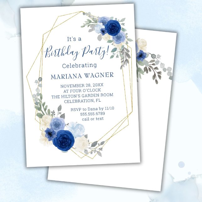 Navy Blue Moderne Floral Invitation de fête d'anni (Créateur téléchargé)