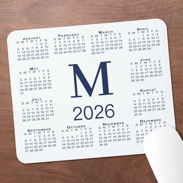 Navy Blue Monogram 2026 Calendar on White Mousepad (Navy Blue Monogram 2026 Calendar on White Mouse Pad, in situ)
