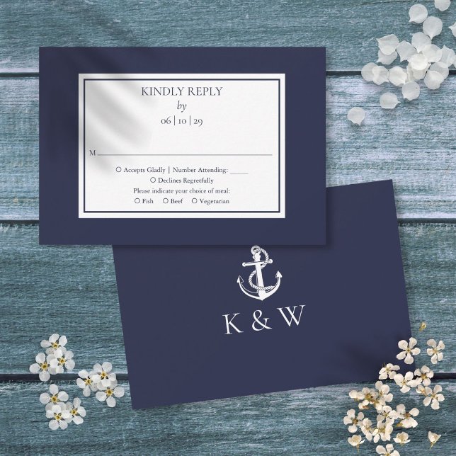Navy Blue Monogram Anchor Nautical Wedding RSVP Karte (Navy Blue Monogram Anchor Nautical Wedding RSVP Card)