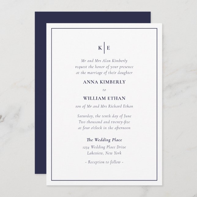 Navy Blue Monogram - Bride Wedding Einladungen (Vorne/Hinten)