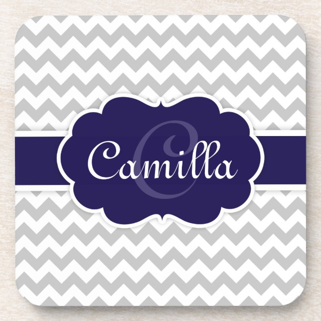 Navy Blue Monogram Grey Zickzack Pattern Getränkeuntersetzer (Vorderseite)