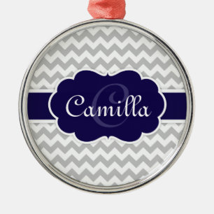 Navy Blue Monogram Grey Zickzack Pattern Silbernes Ornament