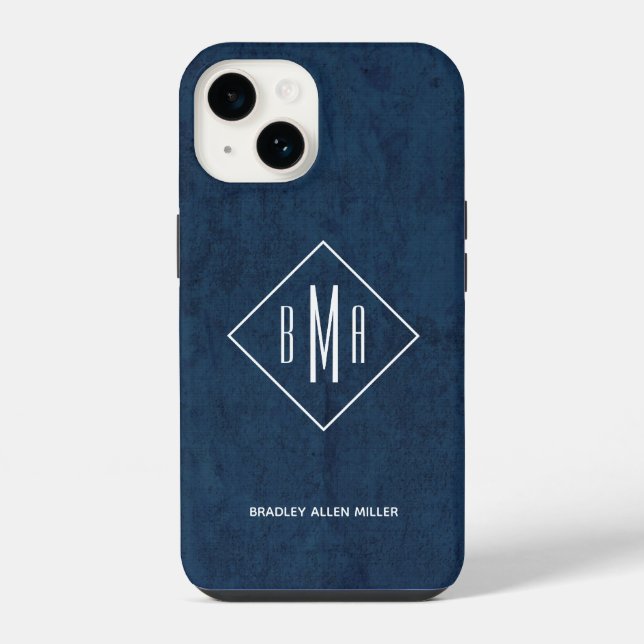 Navy Blue Monogram iPhone 14 Hülle (Rückseite)