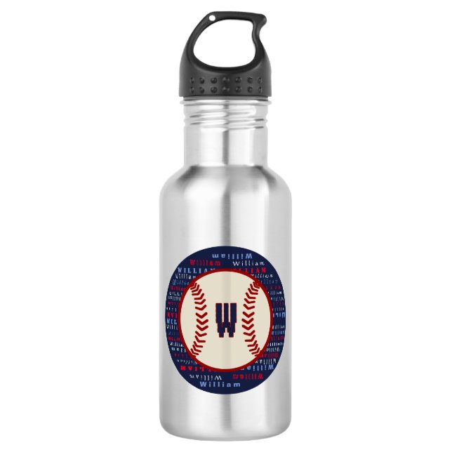 Navy Blue Monogram Name gibt Jungs Baseball S Edelstahlflasche (Vorderseite)