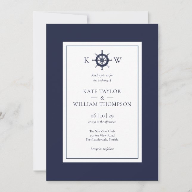 Navy Blue Monogram Nautical Ship Wheel Wedding Einladung (Vorderseite)