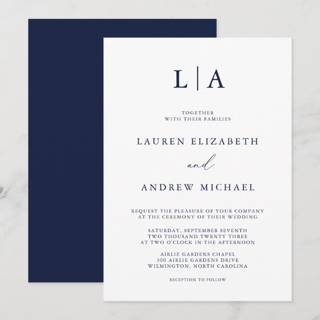 Navy Blue Monogram Simple Minimalistisch Wedding Einladung (Vorne/Hinten)
