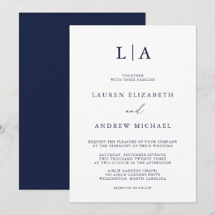 Navy Blue Monogram Simple Minimalistisch Wedding Einladung