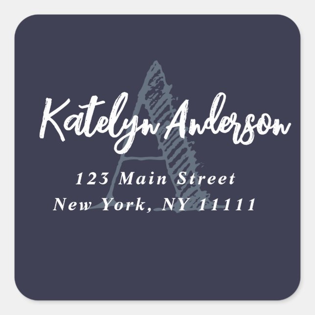 Navy Blue Monogram Square Rücksendeadresse Quadratischer Aufkleber (Vorderseite)