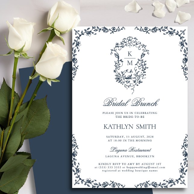 Navy Blue Monogram Vintages Wappen Bridal Brunch Einladung (Von Creator hochgeladen)