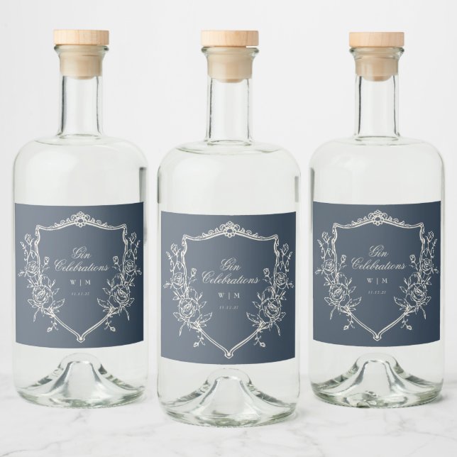 Navy Blue Monogram Wappen Classic Elegant Wedding Alkoholflaschenetikett (Flaschen)