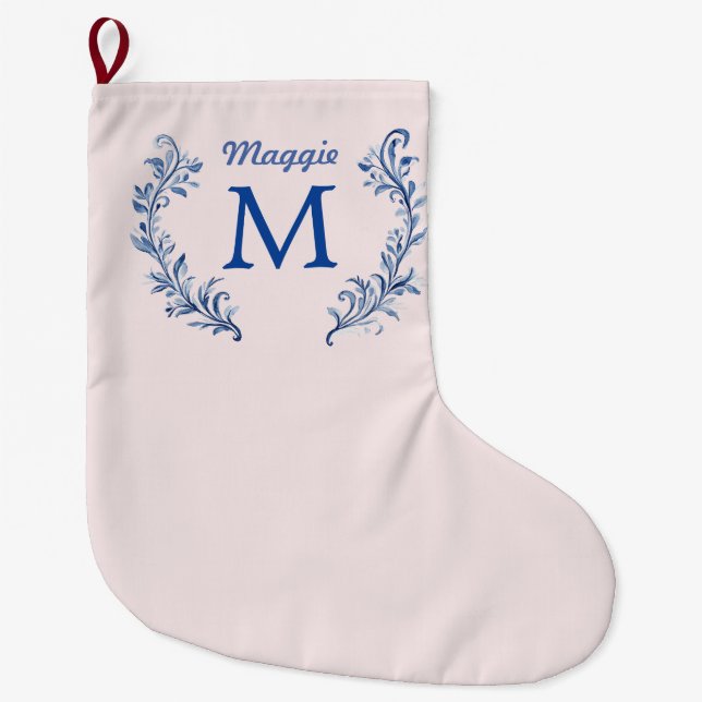 Navy Blue Monogram Wappen in Rosa Großer Weihnachtsstrumpf (Vorderseite)