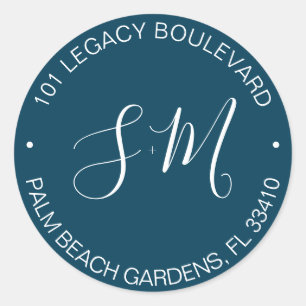 Navy Blue Monogram Wedding Rücksendeadresse Runder Aufkleber