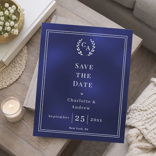 Navy blue monogram wedding Save the Date card (Von Creator hochgeladen)