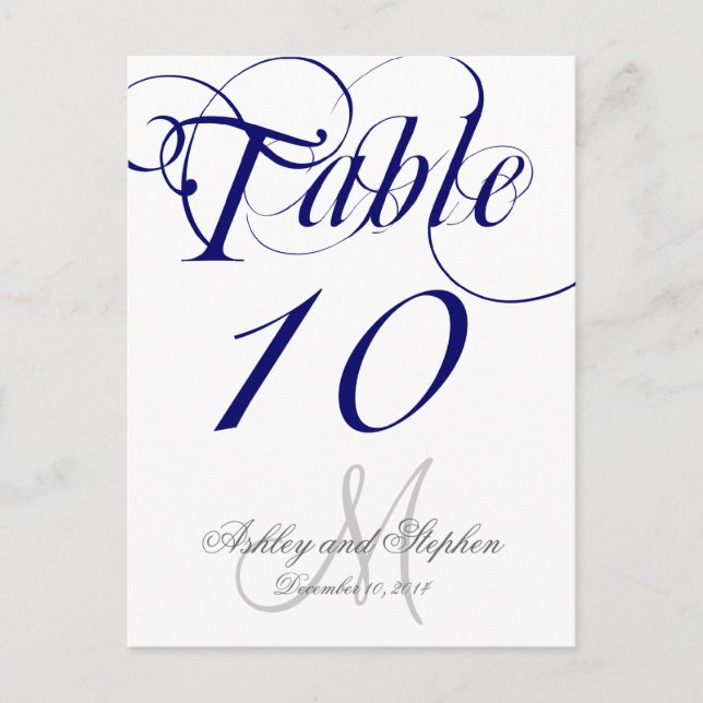 Navy Blue Monogram Wedding Tischnummer Card (Vorderseite)