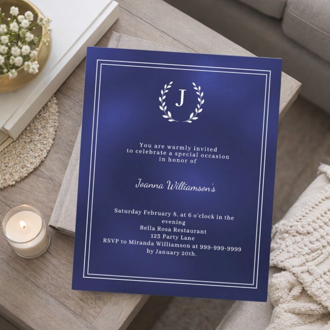 Navy blue monogram wreath age-neutral invitation (Von Creator hochgeladen)