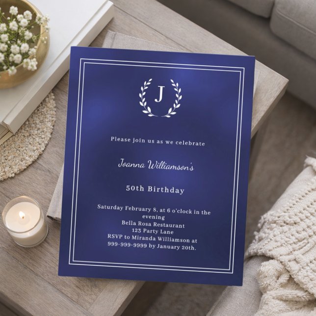 Navy blue monogram wreath birthday invitation (Von Creator hochgeladen)