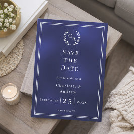 Navy blue monogram wreath wedding save the date