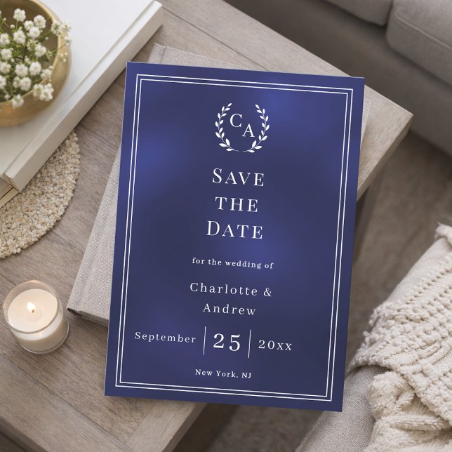 Navy blue monogram wreath wedding save the date (Von Creator hochgeladen)