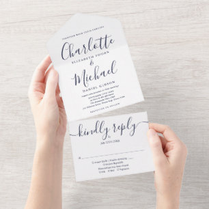 Navy-Blue Monogramm-Schrift Minimalistische Hochze All In One Einladung