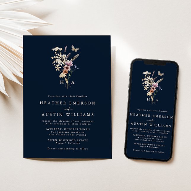 Navy Blue Monogrammed Wedding Invitation Einladung (Navy Blue Boho Floral Monogrammed Wedding Invitation by Painted Paperie
)