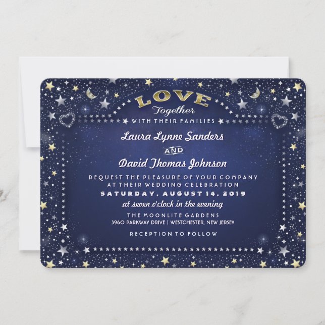 Navy Blue Moon Stars mit Familien laden ein Einladung (Vorderseite)
