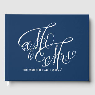 Navy Blue Mr. & Mrs. Elegant Script Wedding Gästebuch