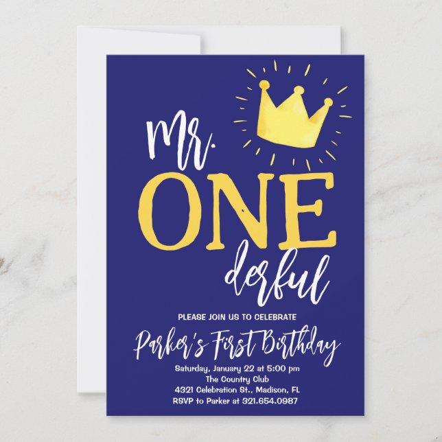 Navy Blue Mr. Onederful Birthday Party Einladung (Vorderseite)