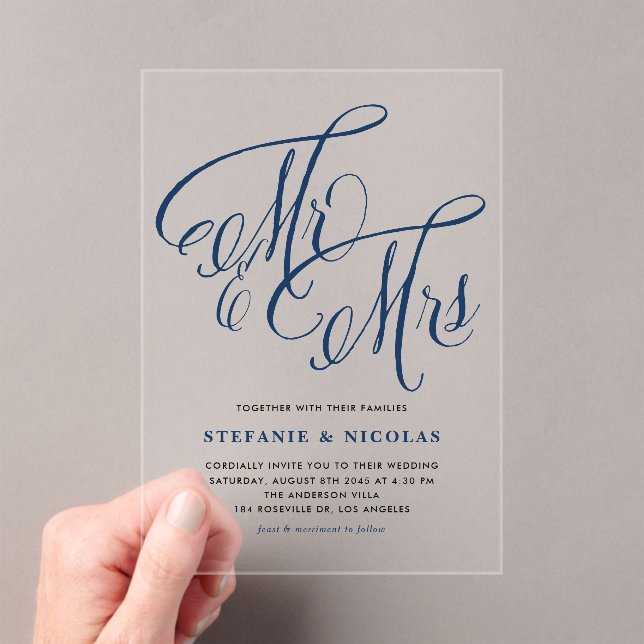Navy Blue Mr. und Mrs. Rustic Calligraphy Wedding Acryleinladungen (Insitu (Handheld))