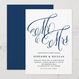 Navy Blue Mr. und Mrs. Rustic Calligraphy Wedding Einladung