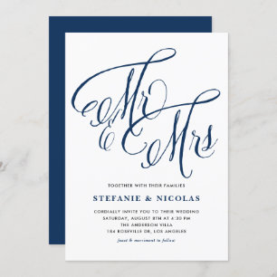 Navy Blue Mrs. und Mrs. Rustic Script Wedding Einladung